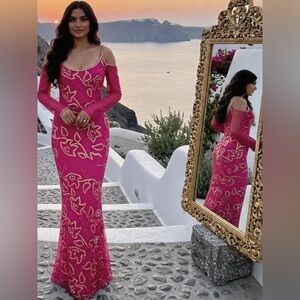 Elegant fuschia Pink hand beaded Cold-Shoulder Sequin Evening Gown